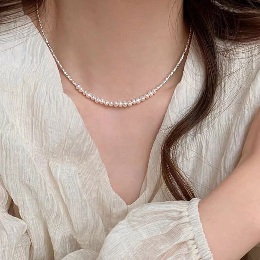 Premium natural freshwater pearl broken silver necklace