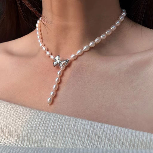 Bow Neck Chain Sweater Chain Natural Freshwater Pearl Necklace