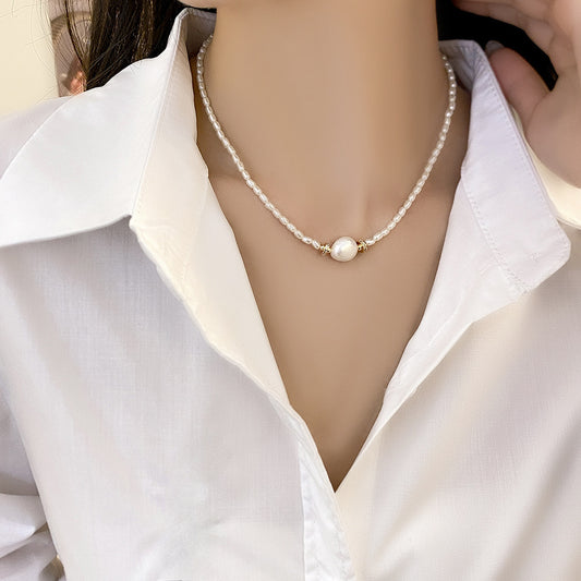 Wheat Ear Natural Freshwater Versatile Baroque Collarbone Chain, Pearl